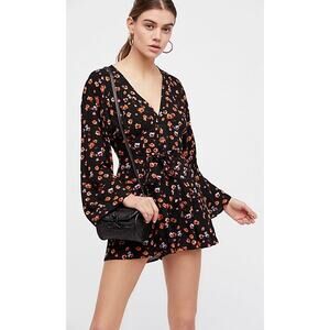 NEW Free People Lamour Floral Romper $98.00 Black Size 0 Long-Sleeve